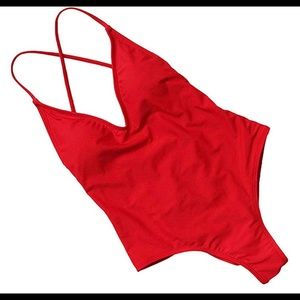 Red Strappy One Piece Swimsuit L